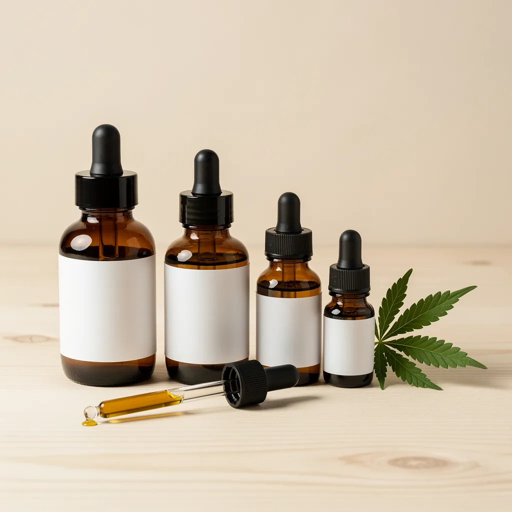 CBD oil tincture bottles arranged by size